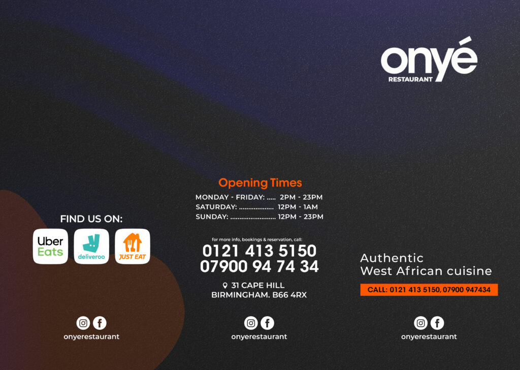 Onye Restaurant Birmingham Menu November 2023